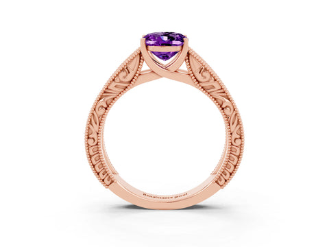 Rose gold Oval Cut Amethyst Solitaire Ring with Engraved Band and Four-Prong Setting_3