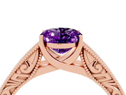 Rose gold Oval Cut Amethyst Solitaire Ring with Engraved Band and Four-Prong Setting_4