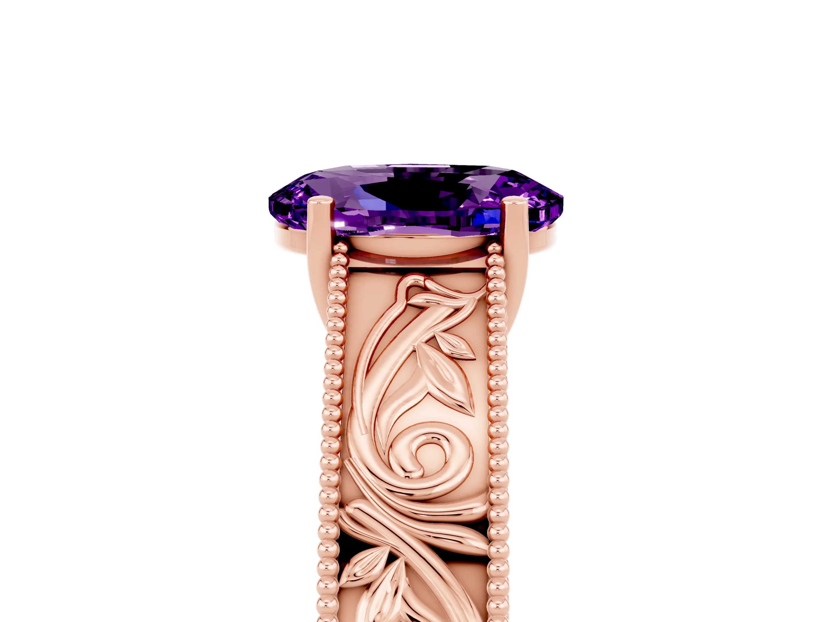 Rose gold Oval Cut Amethyst Solitaire Ring with Engraved Band and Four-Prong Setting_5