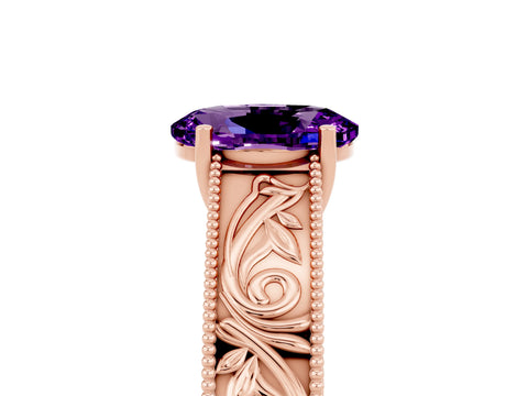 Rose gold Oval Cut Amethyst Solitaire Ring with Engraved Band and Four-Prong Setting_5