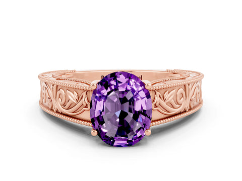 Rose gold Oval Cut Amethyst Solitaire Ring with Engraved Band and Four-Prong Setting