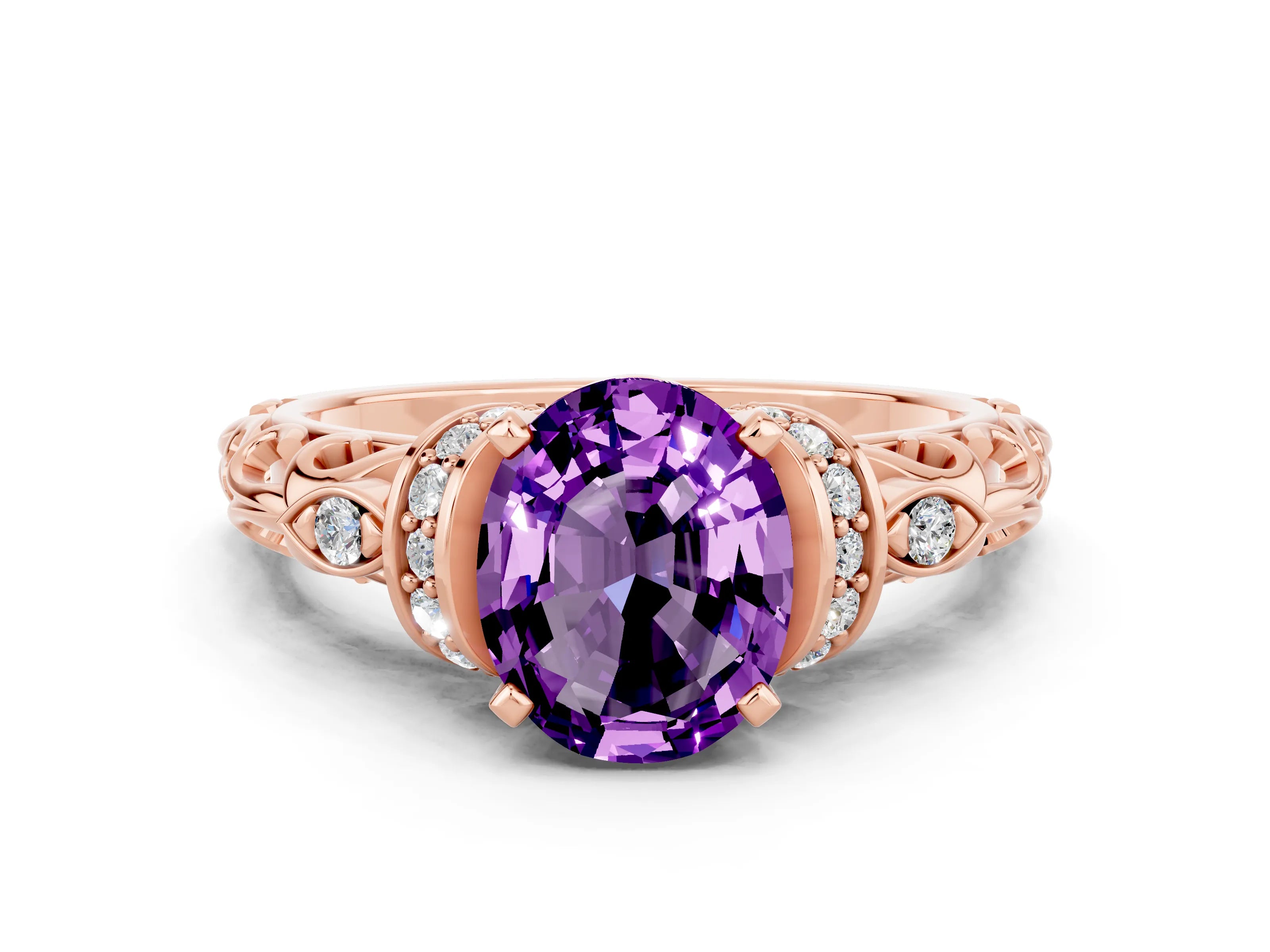 Rose gold Oval Cut Amethyst Solitaire Ring with Filigree Band and Four-Prong Setting_24
