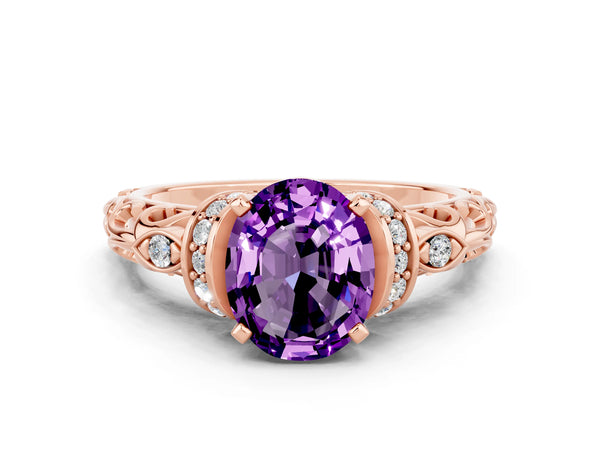 Rose gold Oval Cut Amethyst Solitaire Ring with Filigree Band and Four-Prong Setting