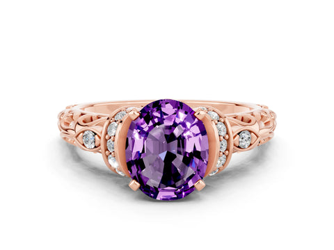 Rose gold Oval Cut Amethyst Solitaire Ring with Filigree Band and Four-Prong Setting_24