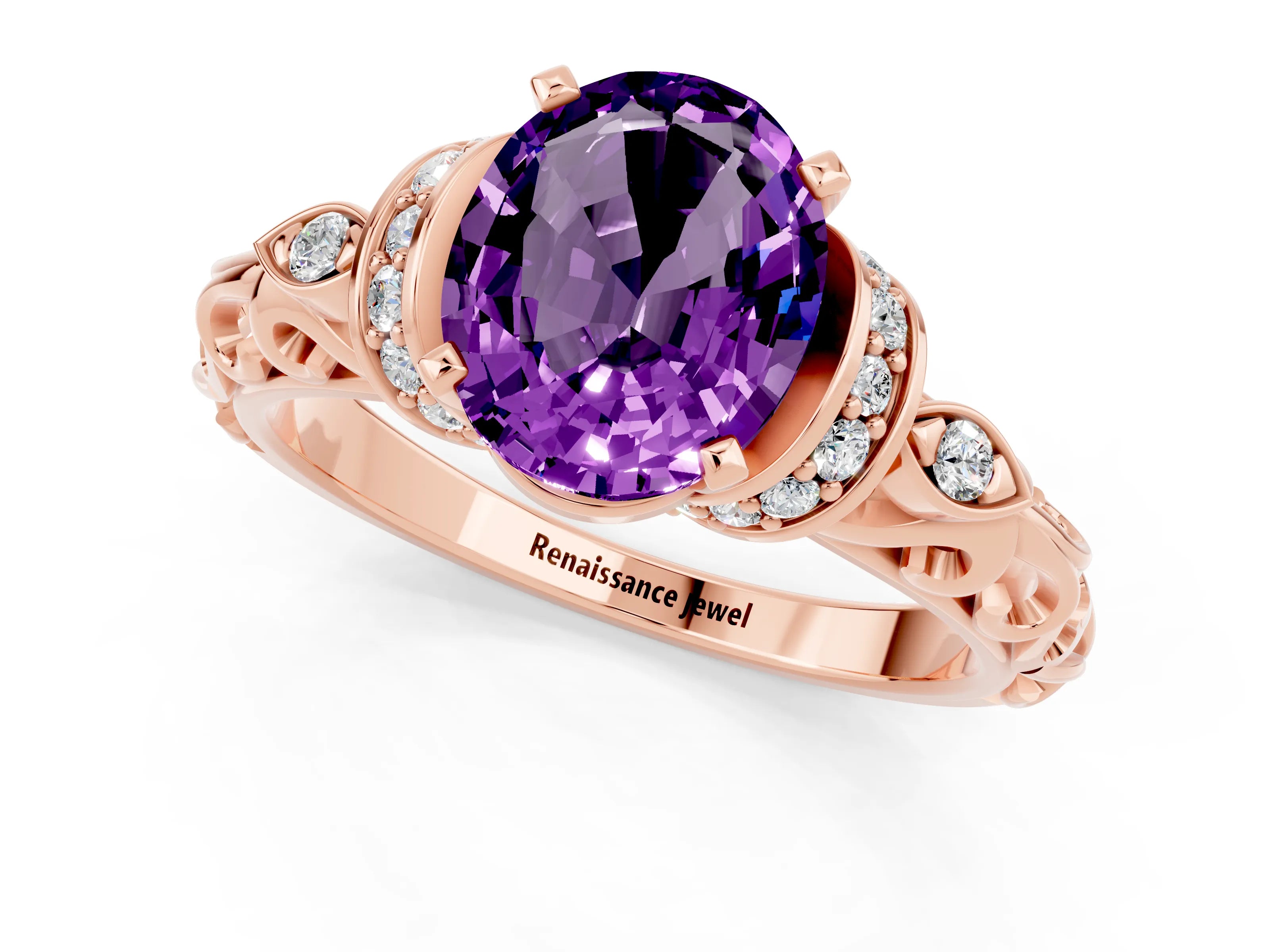 Rose gold Oval Cut Amethyst Solitaire Ring with Filigree Band and Four-Prong Setting_25