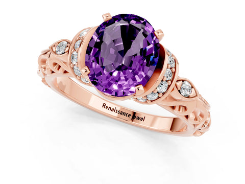 Rose gold Oval Cut Amethyst Solitaire Ring with Filigree Band and Four-Prong Setting_25