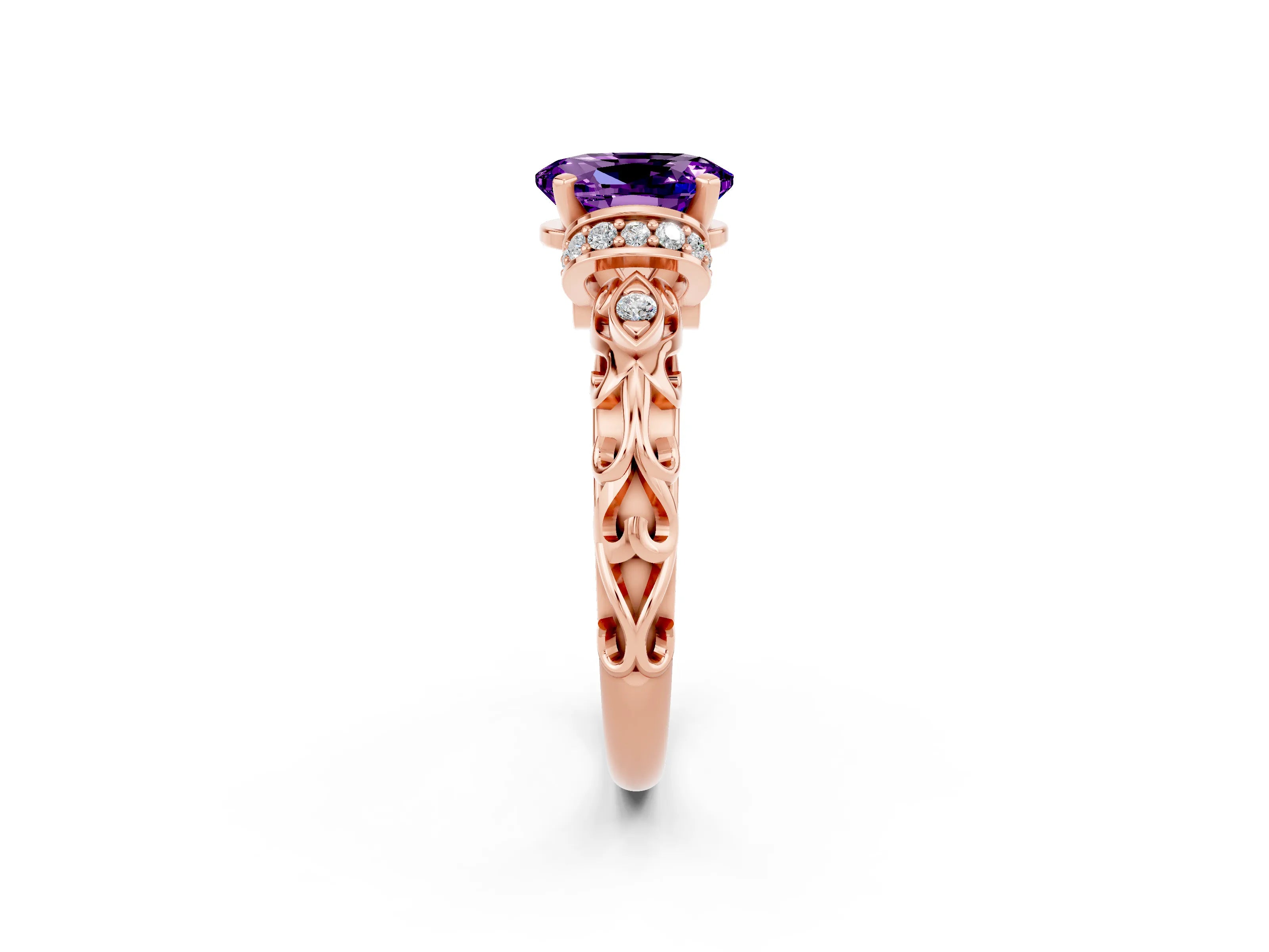 Rose gold Oval Cut Amethyst Solitaire Ring with Filigree Band and Four-Prong Setting_26