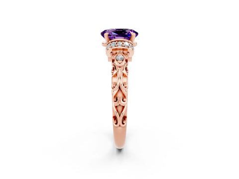 Rose gold Oval Cut Amethyst Solitaire Ring with Filigree Band and Four-Prong Setting_26