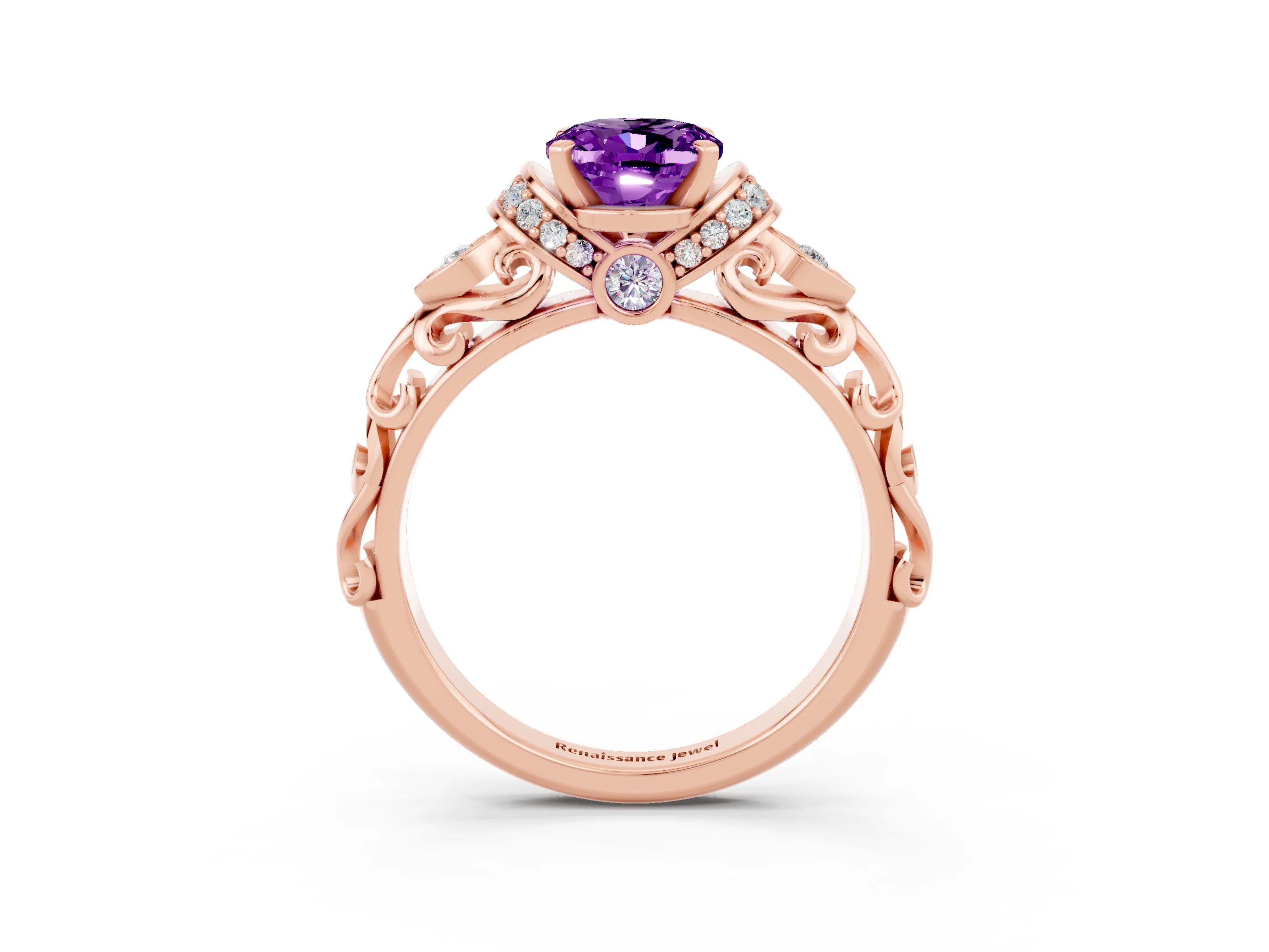 Rose gold Oval Cut Amethyst Solitaire Ring with Filigree Band and Four-Prong Setting_27