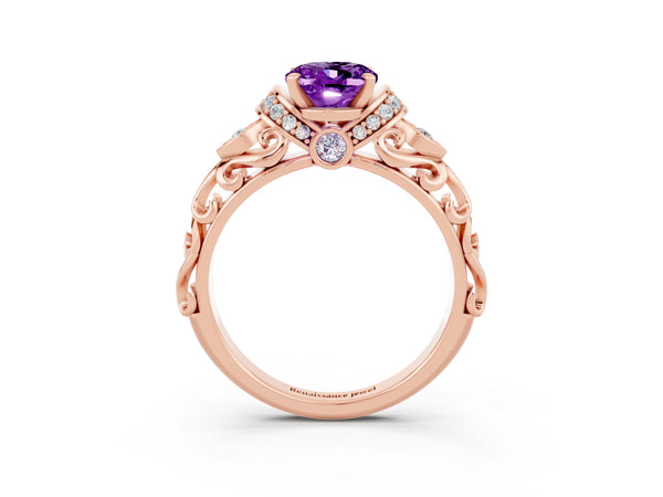 Rose gold Oval Cut Amethyst Solitaire Ring with Filigree Band and Four-Prong Setting