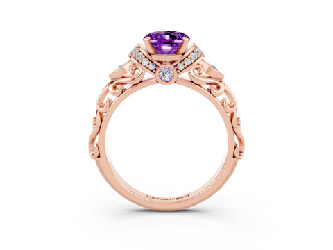 Rose gold Oval Cut Amethyst Solitaire Ring with Filigree Band and Four-Prong Setting_27