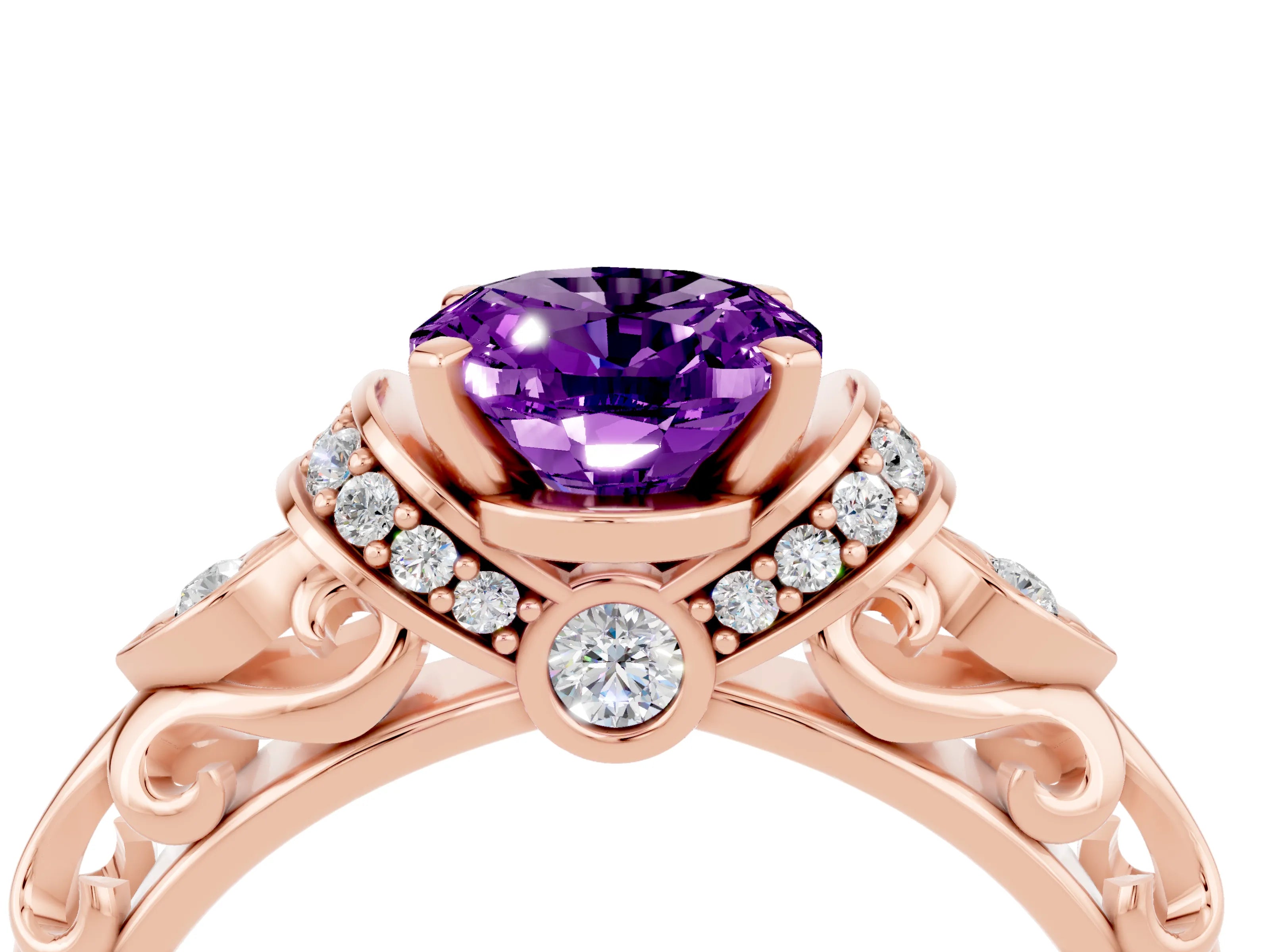 Rose gold Oval Cut Amethyst Solitaire Ring with Filigree Band and Four-Prong Setting_28