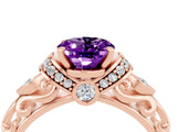 Rose gold Oval Cut Amethyst Solitaire Ring with Filigree Band and Four-Prong Setting_28