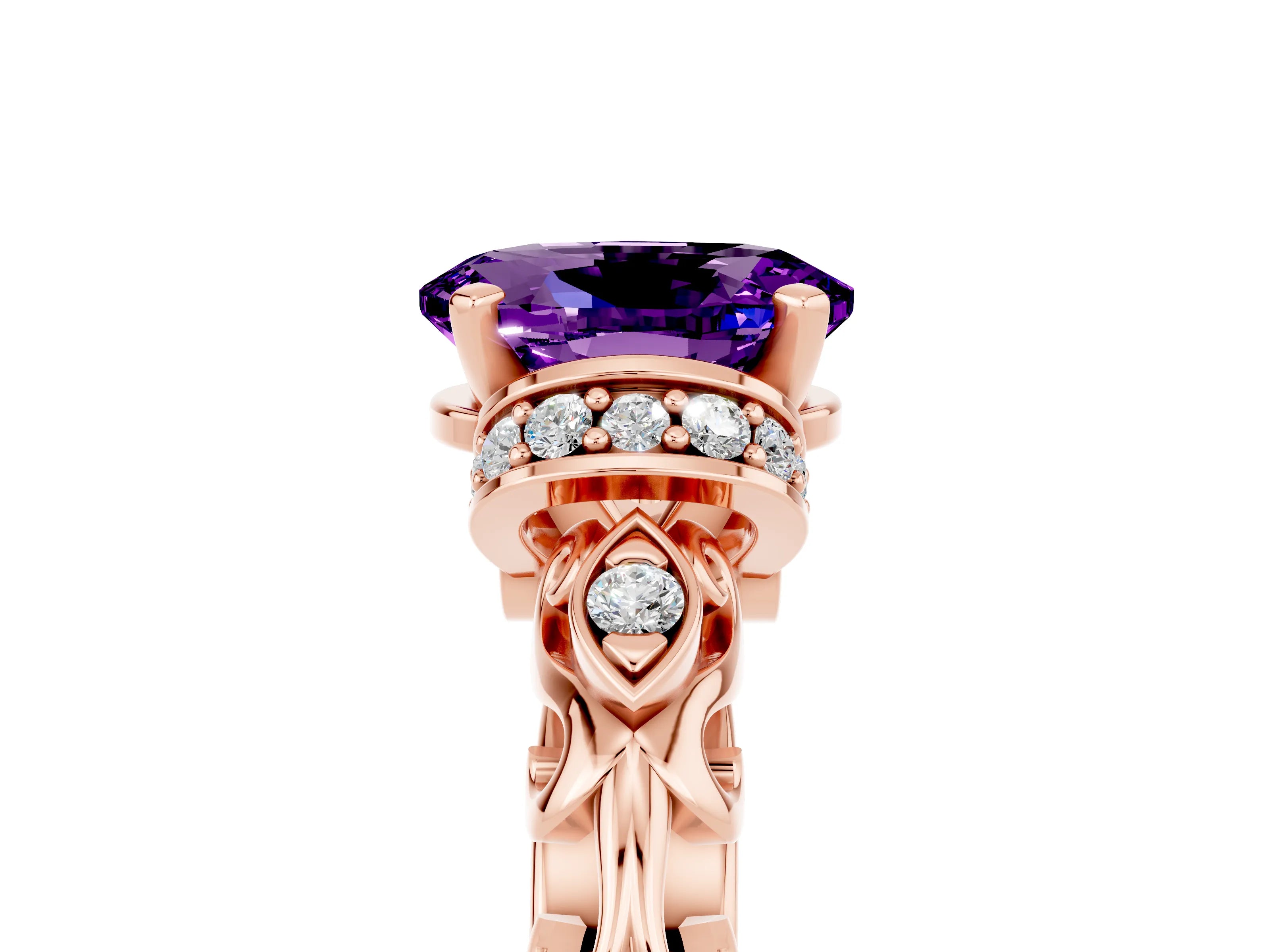 Rose gold Oval Cut Amethyst Solitaire Ring with Filigree Band and Four-Prong Setting_29