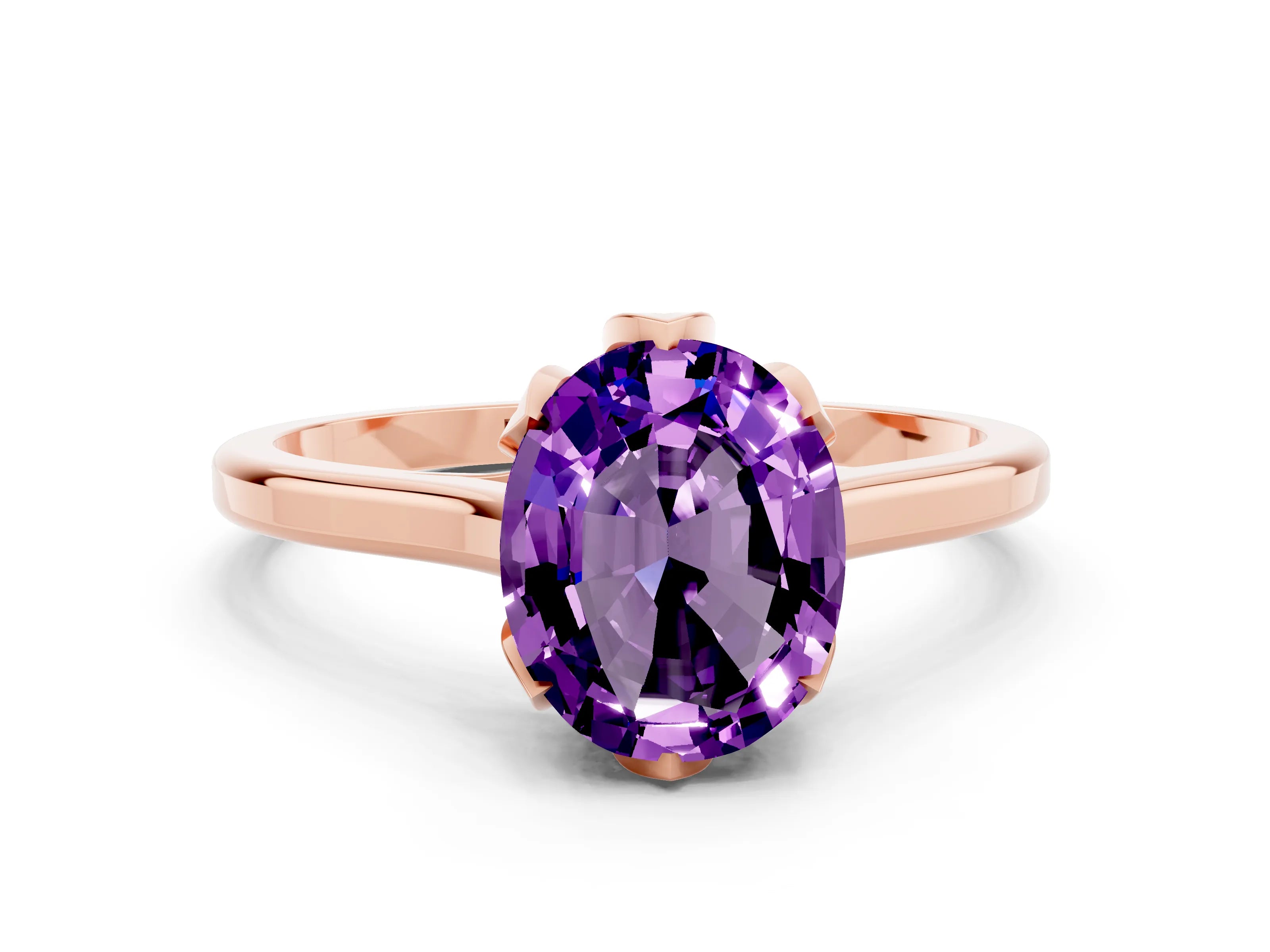 Rose gold Oval Cut Amethyst Solitaire Ring with Flower Prong Setting and Classic Band_12