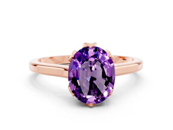 Rose gold Oval Cut Amethyst Solitaire Ring with Flower Prong Setting and Classic Band