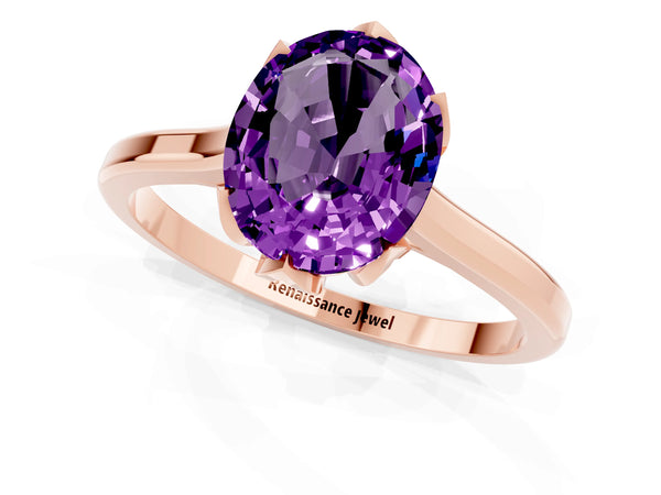 Rose gold Oval Cut Amethyst Solitaire Ring with Flower Prong Setting and Classic Band