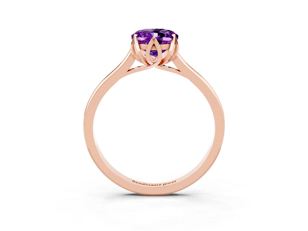 Rose gold Oval Cut Amethyst Solitaire Ring with Flower Prong Setting and Classic Band