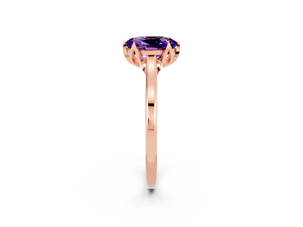 Rose Gold Oval Amethyst Floral Solitaire Engagement Ring with Flower Prong Head and Plain Band