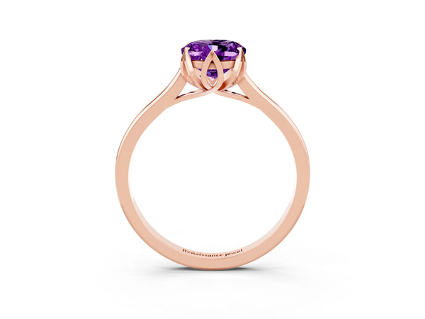 Rose Gold Oval Amethyst Floral Solitaire Engagement Ring with Flower Prong Head and Plain Band