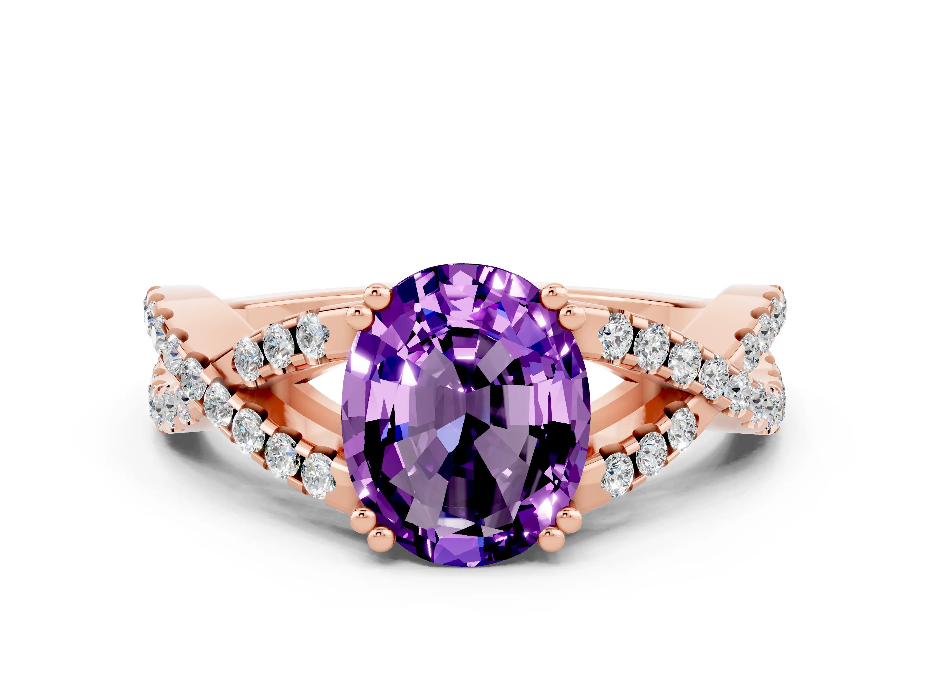 Rose gold Oval Cut Amethyst Solitaire Ring with Four-Prong Setting and Twisted Pavé Band