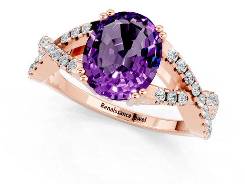 Rose gold Oval Cut Amethyst Solitaire Ring with Four-Prong Setting and Twisted Pavé Band_1