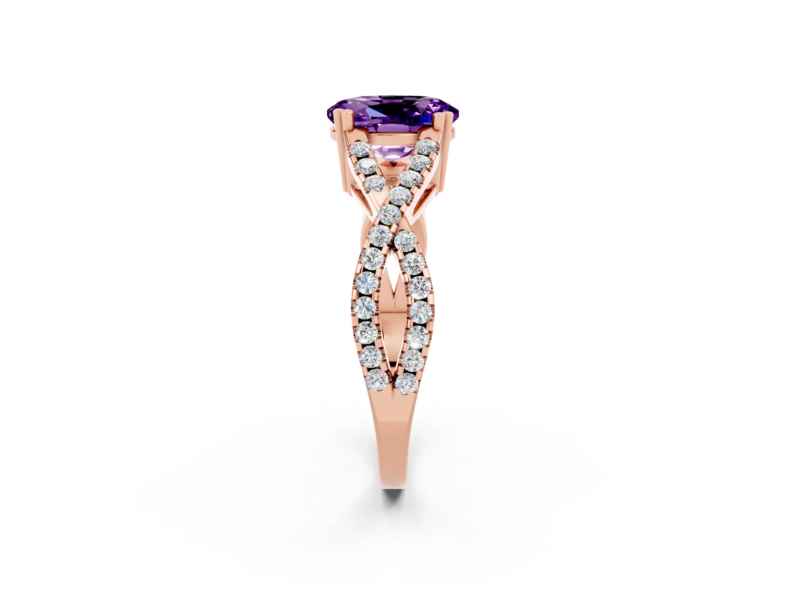 Rose gold Oval Cut Amethyst Solitaire Ring with Four-Prong Setting and Twisted Pavé Band_2