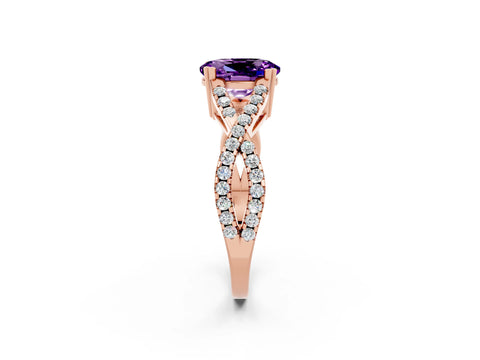 Rose gold Oval Cut Amethyst Solitaire Ring with Four-Prong Setting and Twisted Pavé Band_2