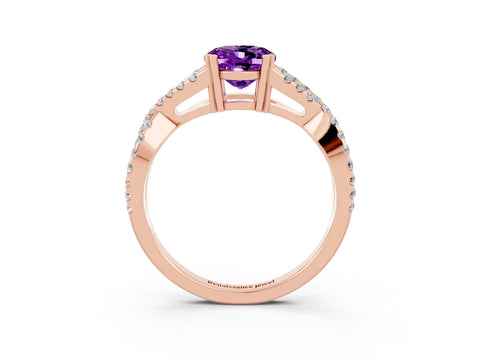 Rose gold Oval Cut Amethyst Solitaire Ring with Four-Prong Setting and Twisted Pavé Band_3