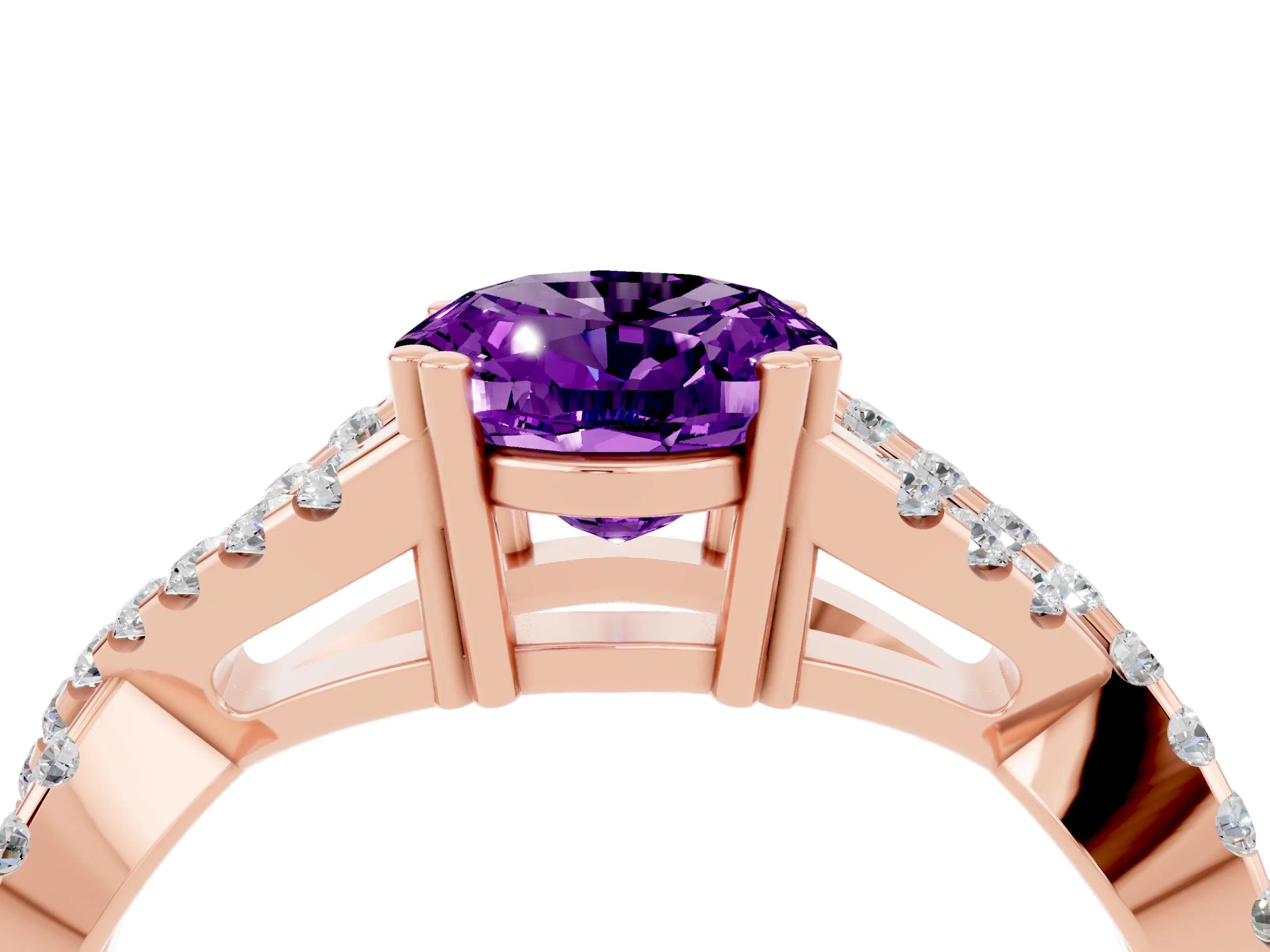 Rose gold Oval Cut Amethyst Solitaire Ring with Four-Prong Setting and Twisted Pavé Band_4