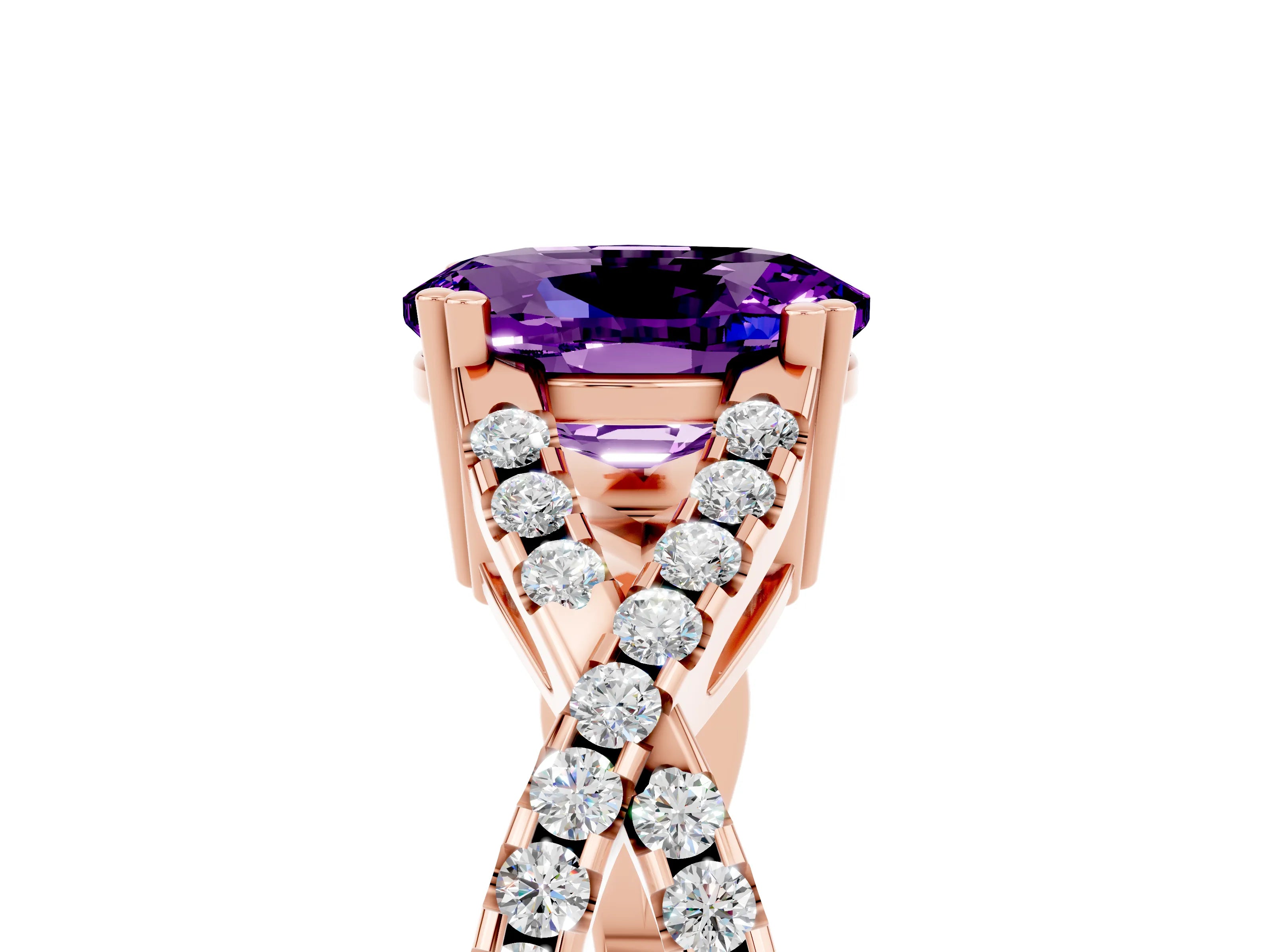 Rose gold Oval Cut Amethyst Solitaire Ring with Four-Prong Setting and Twisted Pavé Band_5