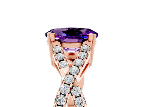Rose gold Oval Cut Amethyst Solitaire Ring with Four-Prong Setting and Twisted Pavé Band_5