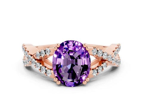 Rose gold Oval Cut Amethyst Solitaire Ring with Four-Prong Setting and Twisted Pavé Band