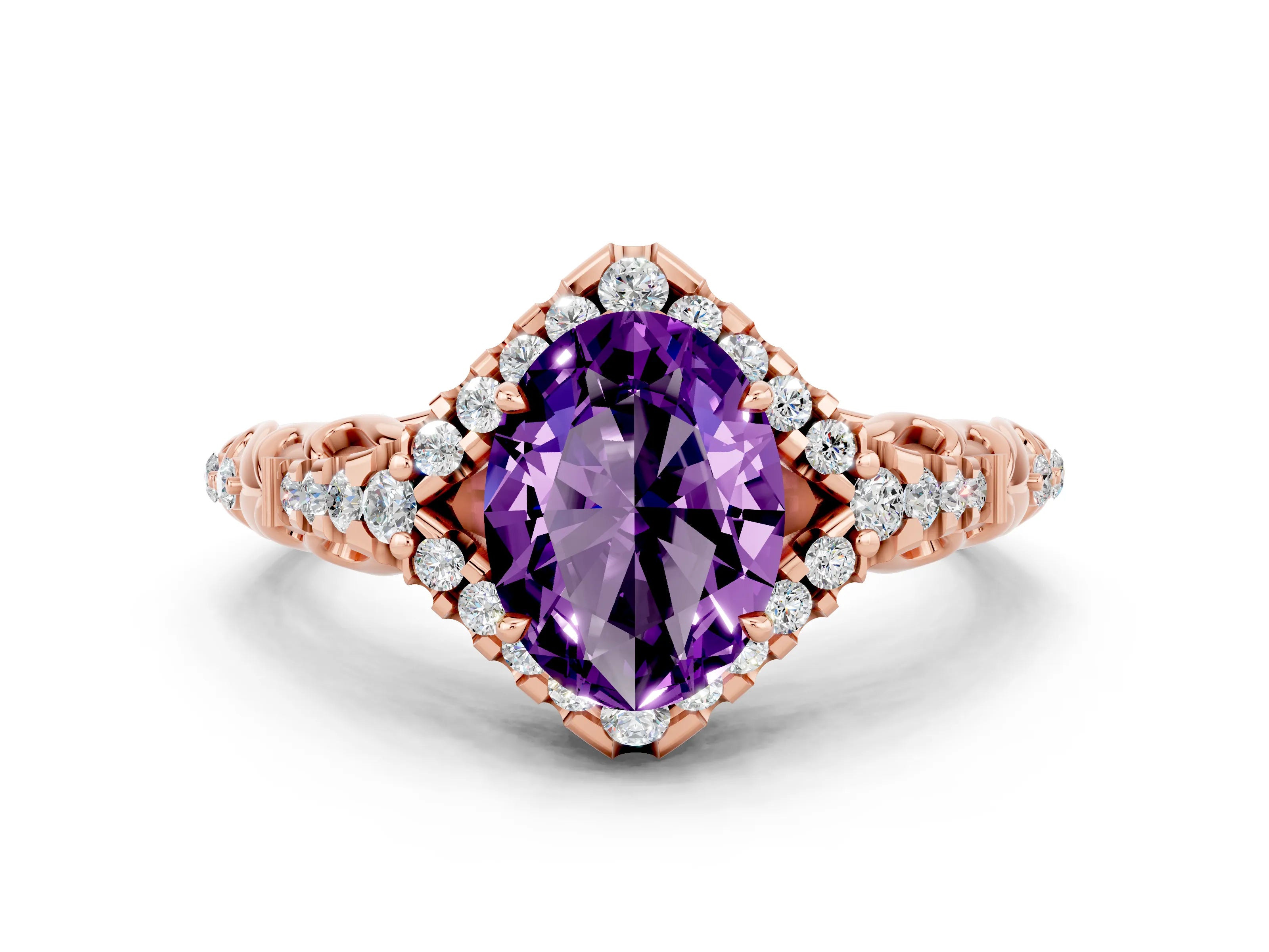 Rose gold Oval Cut Amethyst Solitaire Ring with Hidden Halo and Pavé Band_12