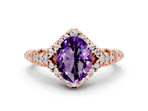 Rose gold Oval Cut Amethyst Solitaire Ring with Hidden Halo and Pavé Band_12