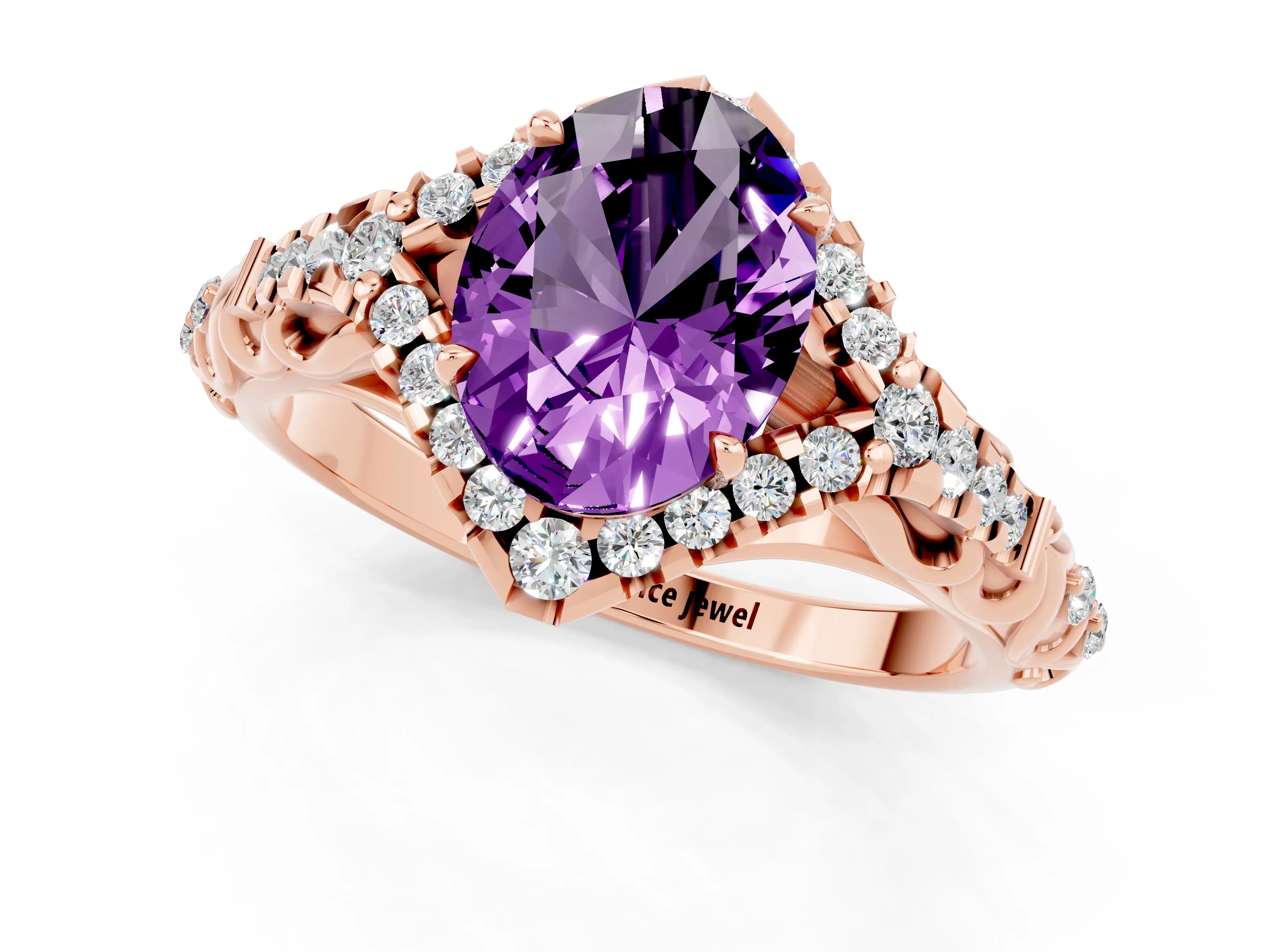 Rose gold Oval Cut Amethyst Solitaire Ring with Hidden Halo and Pavé Band_13