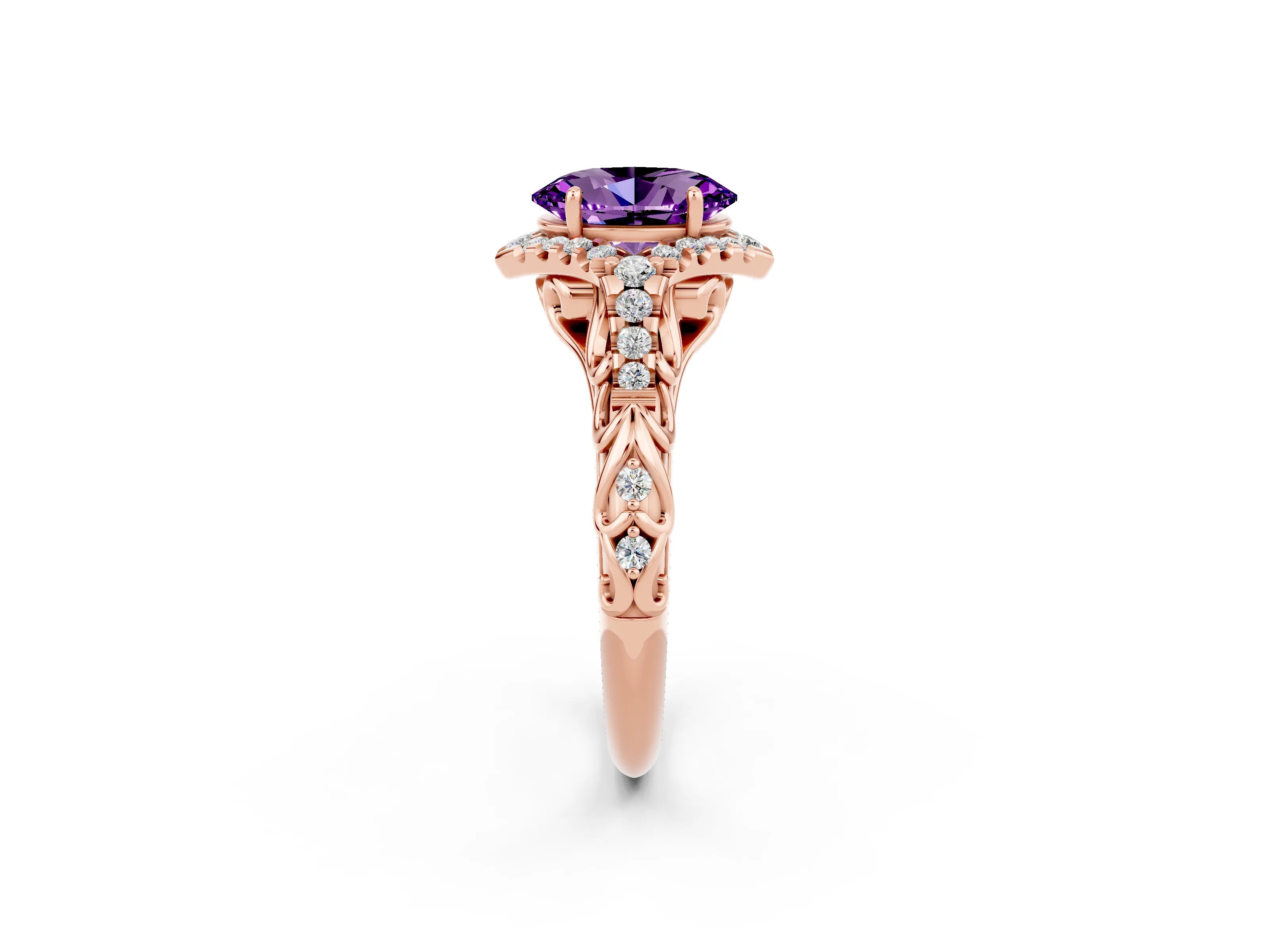 Rose gold Oval Cut Amethyst Solitaire Ring with Hidden Halo and Pavé Band_14