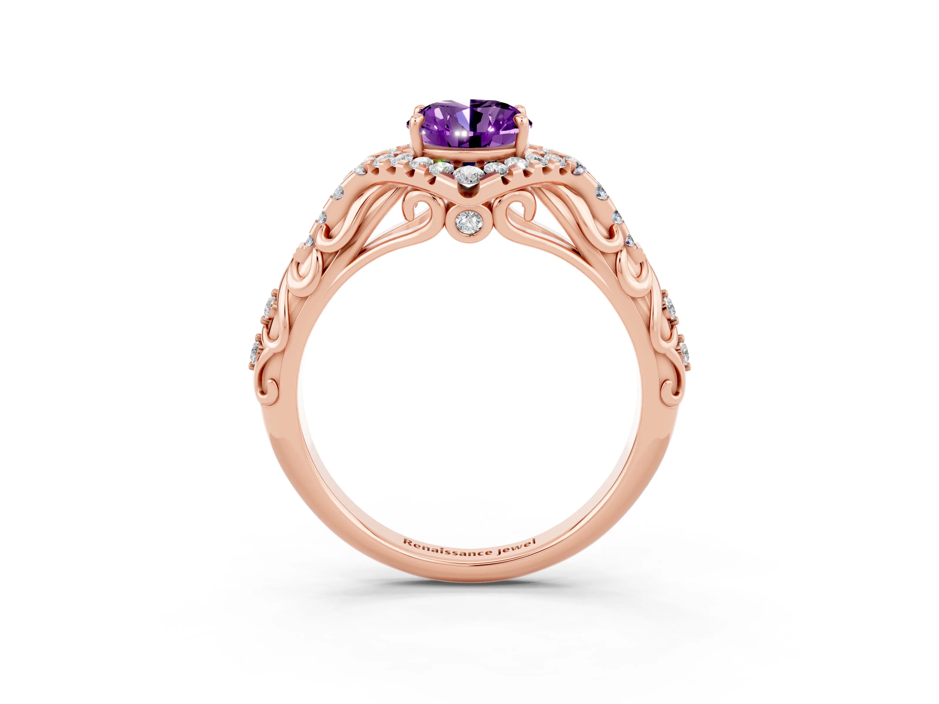 Rose gold Oval Cut Amethyst Solitaire Ring with Hidden Halo and Pavé Band_15