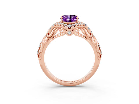Rose gold Oval Cut Amethyst Solitaire Ring with Hidden Halo and Pavé Band_15