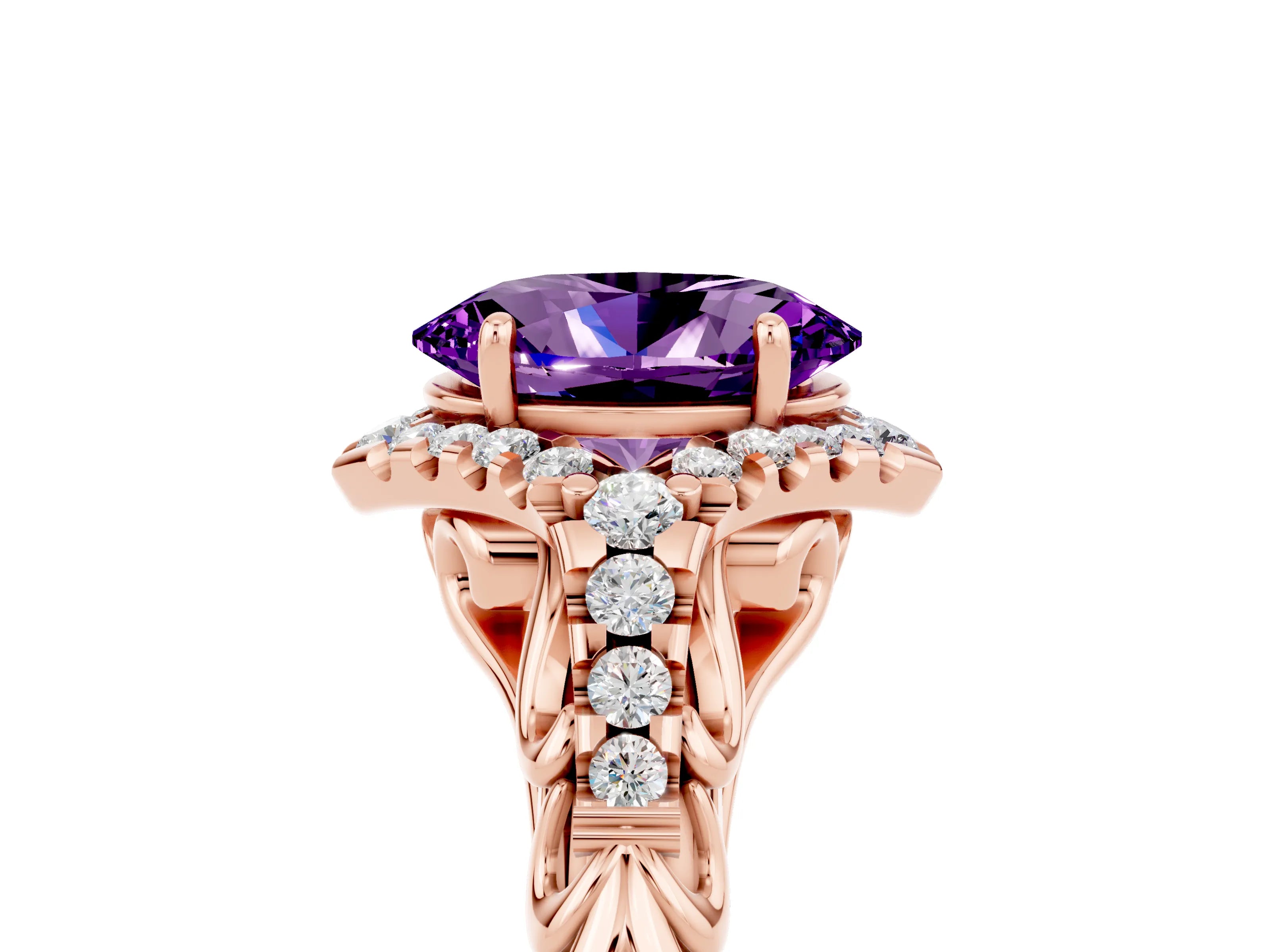 Rose gold Oval Cut Amethyst Solitaire Ring with Hidden Halo and Pavé Band_17