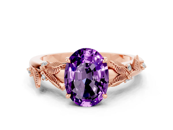 Rose gold Oval Cut Amethyst Solitaire Ring with Leaf Motif Band and Four-Prong Setting