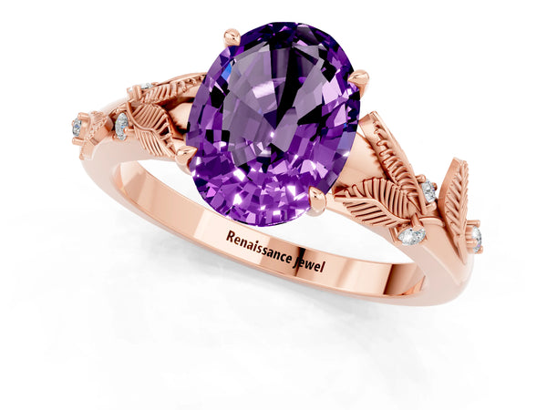 Rose gold Oval Cut Amethyst Solitaire Ring with Leaf Motif Band and Four-Prong Setting