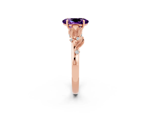 Rose gold Oval Cut Amethyst Solitaire Ring with Leaf Motif Band and Four-Prong Setting