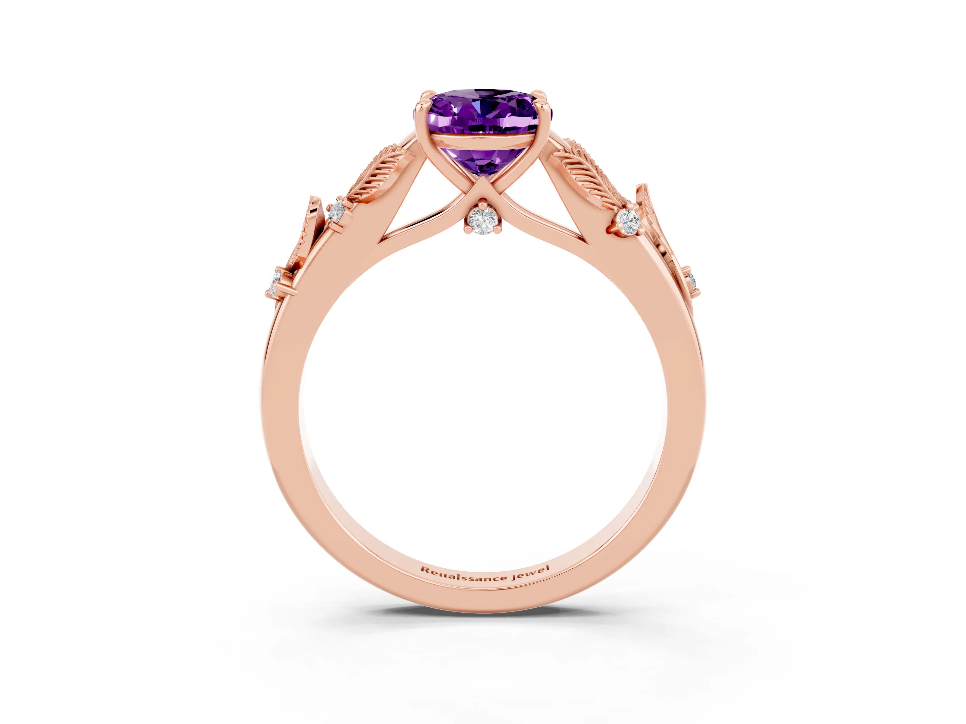 Rose gold Oval Cut Amethyst Solitaire Ring with Leaf Motif Band and Four-Prong Setting_3