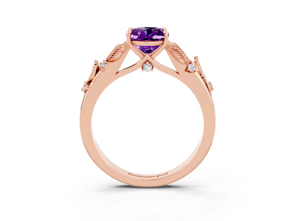 Rose gold Oval Cut Amethyst Solitaire Ring with Leaf Motif Band and Four-Prong Setting