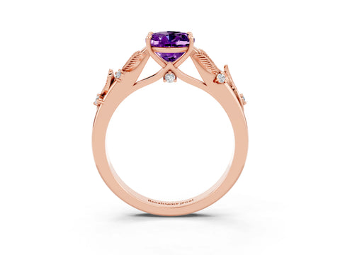 Rose gold Oval Cut Amethyst Solitaire Ring with Leaf Motif Band and Four-Prong Setting_3