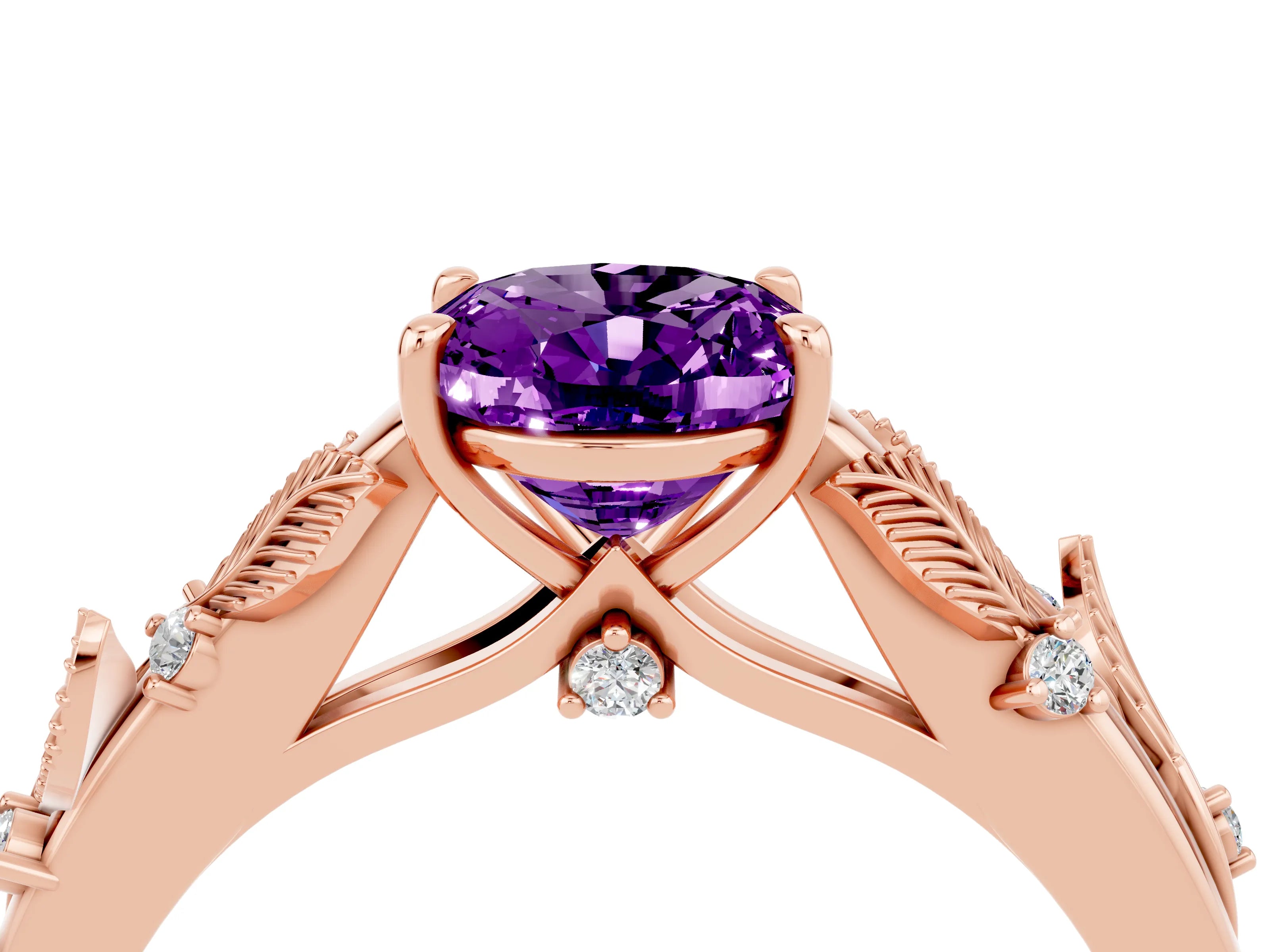 Rose gold Oval Cut Amethyst Solitaire Ring with Leaf Motif Band and Four-Prong Setting_4