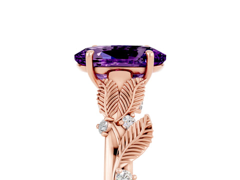 Rose gold Oval Cut Amethyst Solitaire Ring with Leaf Motif Band and Four-Prong Setting_5