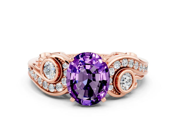 Rose gold Oval Cut Amethyst Solitaire Ring with Milgrain Pavé Band and Four-Prong Setting