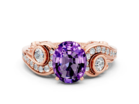 Rose gold Oval Cut Amethyst Solitaire Ring with Milgrain Pavé Band and Four-Prong Setting_24